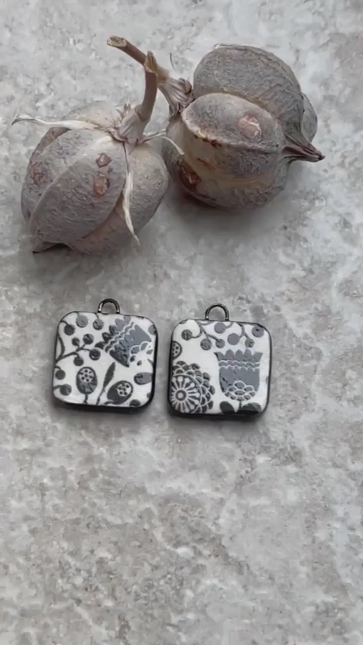 Tulip Beads, Black and White Square, Black Earring Bead Pair, Unique Beads, Porcelain Ceramic Charms, Jewelry Components, Beading Handmade