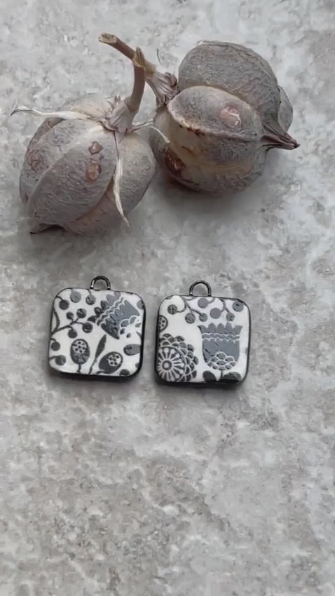 Tulip Beads, Black and White Square, Black Earring Bead Pair