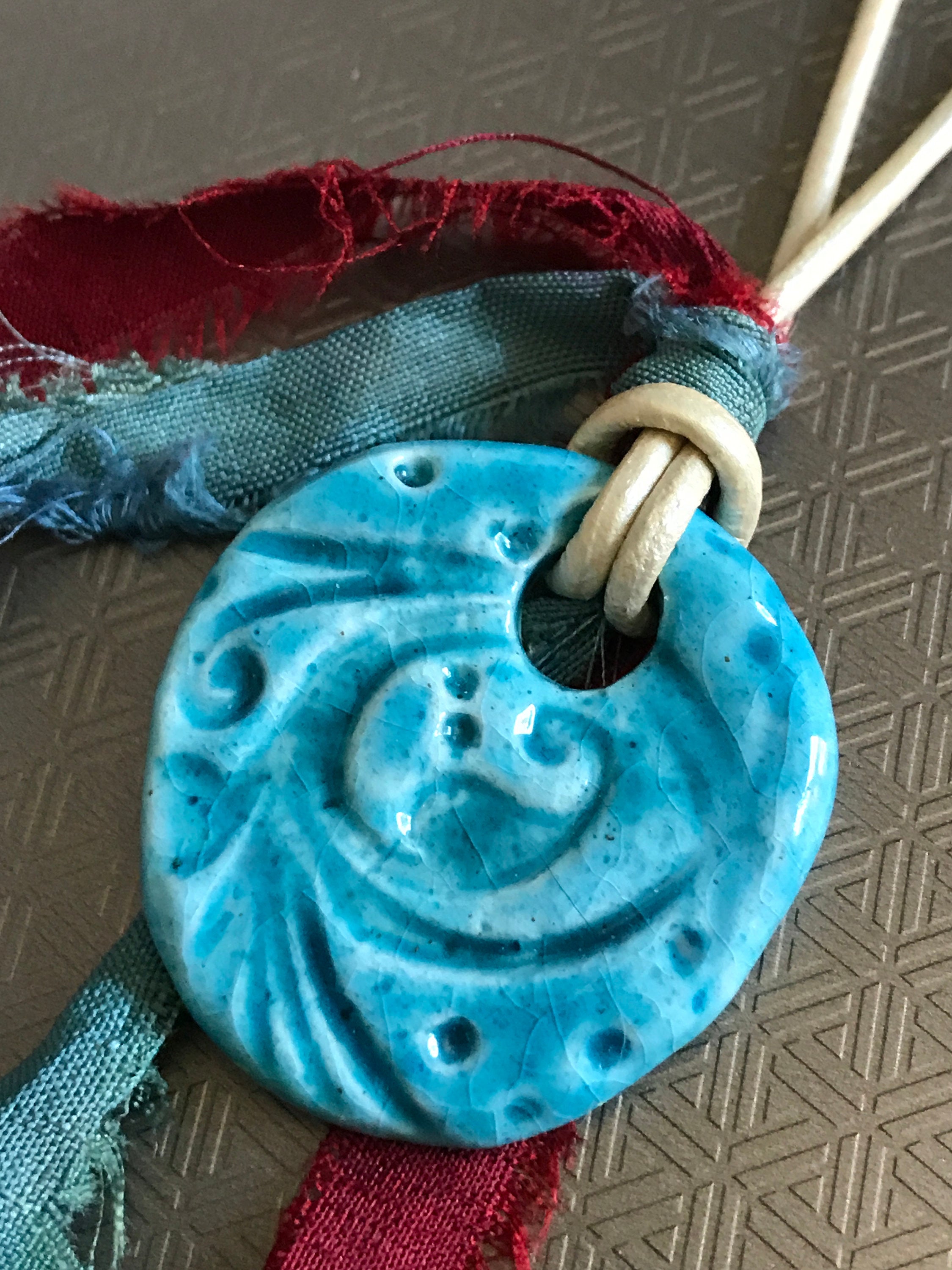 Turquoise Blue Handmade Southwest Necklace with Dark Red Sari Silk