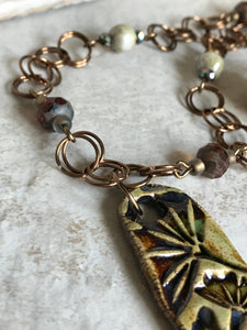 Autumn Ginkgo Statement Necklace with Iridescent Czech Beads and Pearls