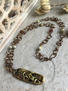 Autumn Ginkgo Statement Necklace with Iridescent Czech Beads and Pearls