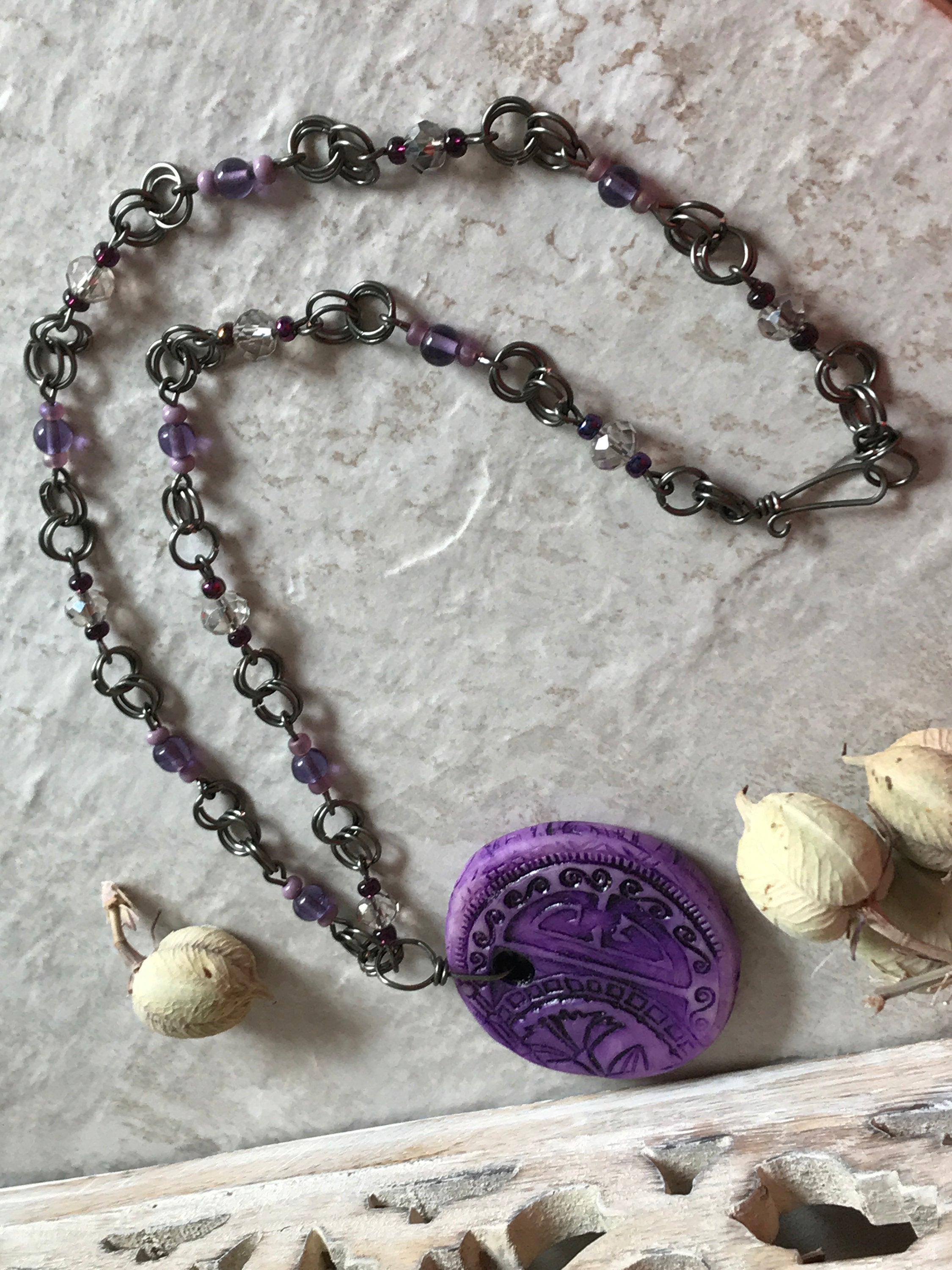 Amethyst Statement Necklace, Handmade Pendant with Hematite