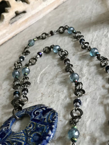 Sapphire Blue Statement Necklace with Iridescent Czech Beads and Pearls & Hematite Accents