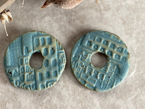 Blue Donut Earring Bead Pair, Ceramic Charms, Jewelry Making Components, Beading Handmade
