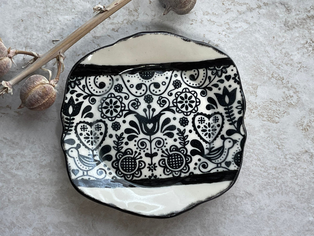 Womens Jewelry Storage, Black and White Ring Dish, Contemporary Trinket Tray, Porcelain Tray, Bird Theme
