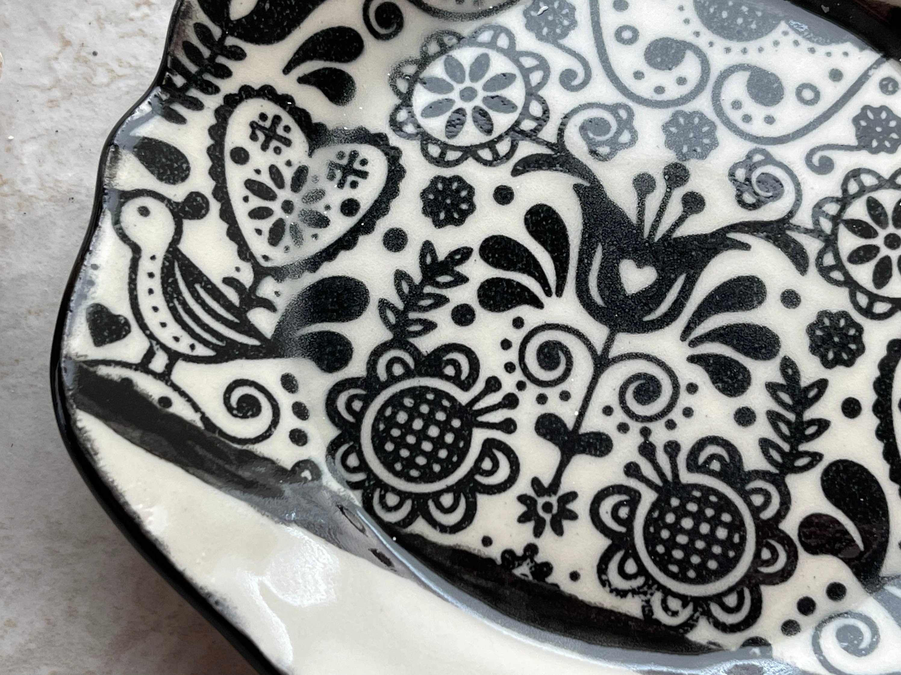 Womens Jewelry Storage, Black and White Ring Dish, Contemporary Trinket Tray, Porcelain Tray, Bird Theme