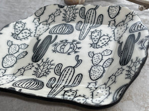 Womens Jewelry Storage, Black and White Ring Dish, Contemporary Trinket Tray, Porcelain Tray, Cactus Theme