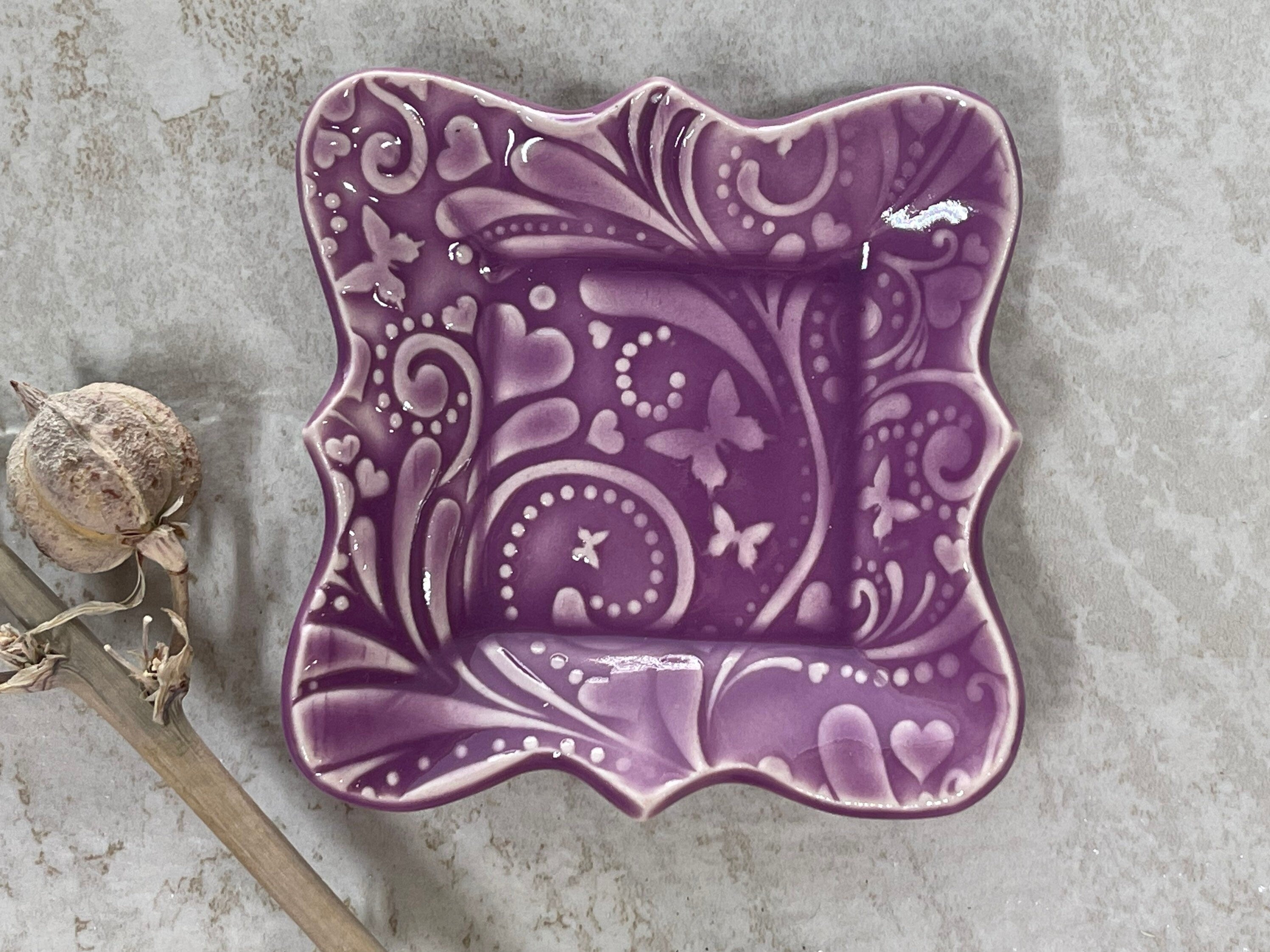 Butterfly Dish, Womens Jewelry Storage, Purple Ring Dish, Contemporary Trinket Tray, Porcelain Tray