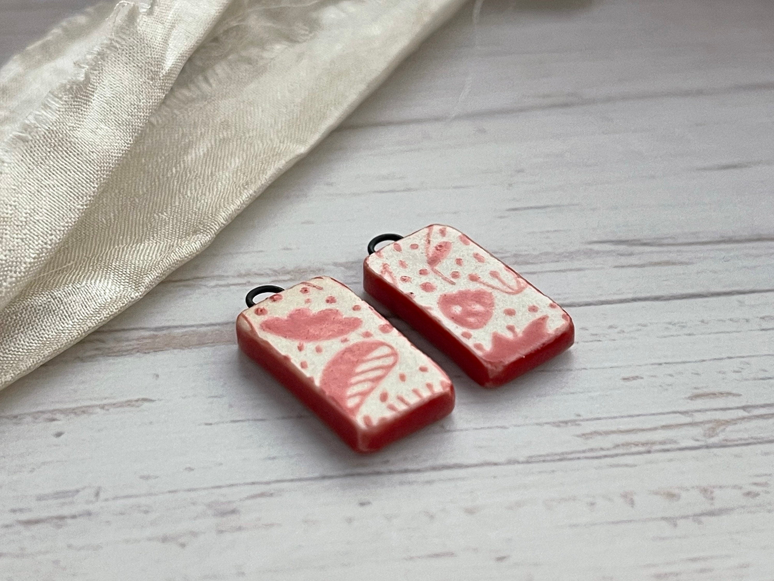 Red rectangle, Earring Bead Pair, Porcelain Charms, Ceramic Charms, Jewelry Making Components, Beading Handmade, DIY Earrings, DIY Beads