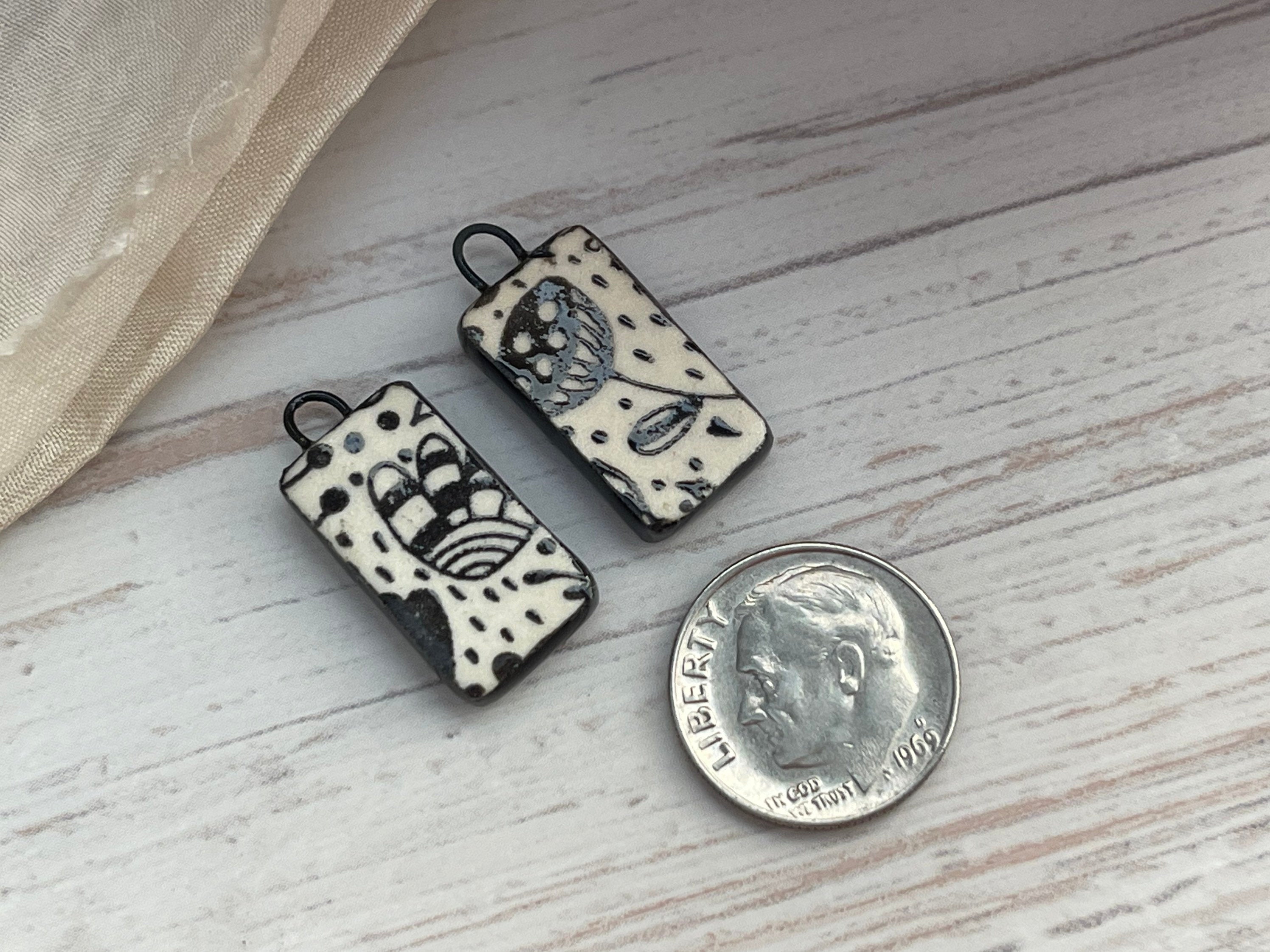 Black Earring Bead Pair, Porcelain Ceramic Charms, Jewelry Making Components, Beading Handmade