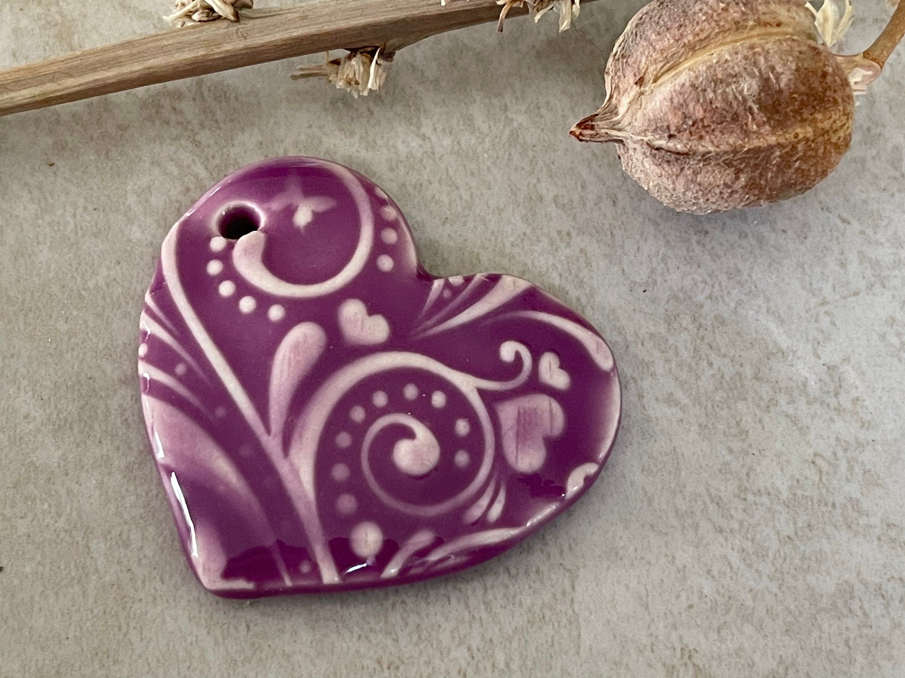 Hearts and Butterflies, Purple Heart Pendant, Porcelain Ceramic Pendant, Artisan Pendant, Jewelry Making Components