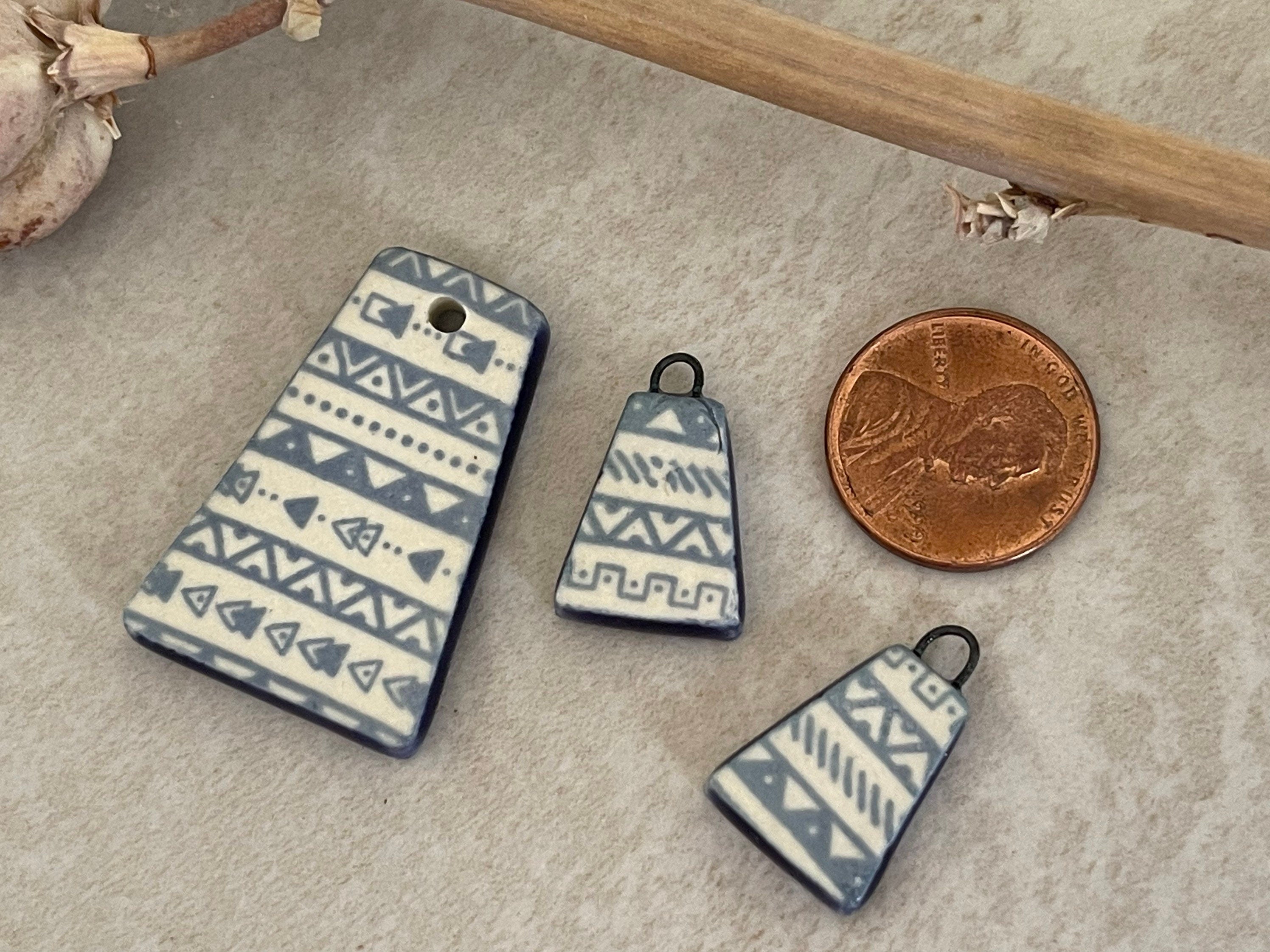 Rounded Triangle Pendant, Bead Set, Blue Geometric Earring Bead Pair, Porcelain Ceramic Charms, Jewelry Making Components, Beading Handmade