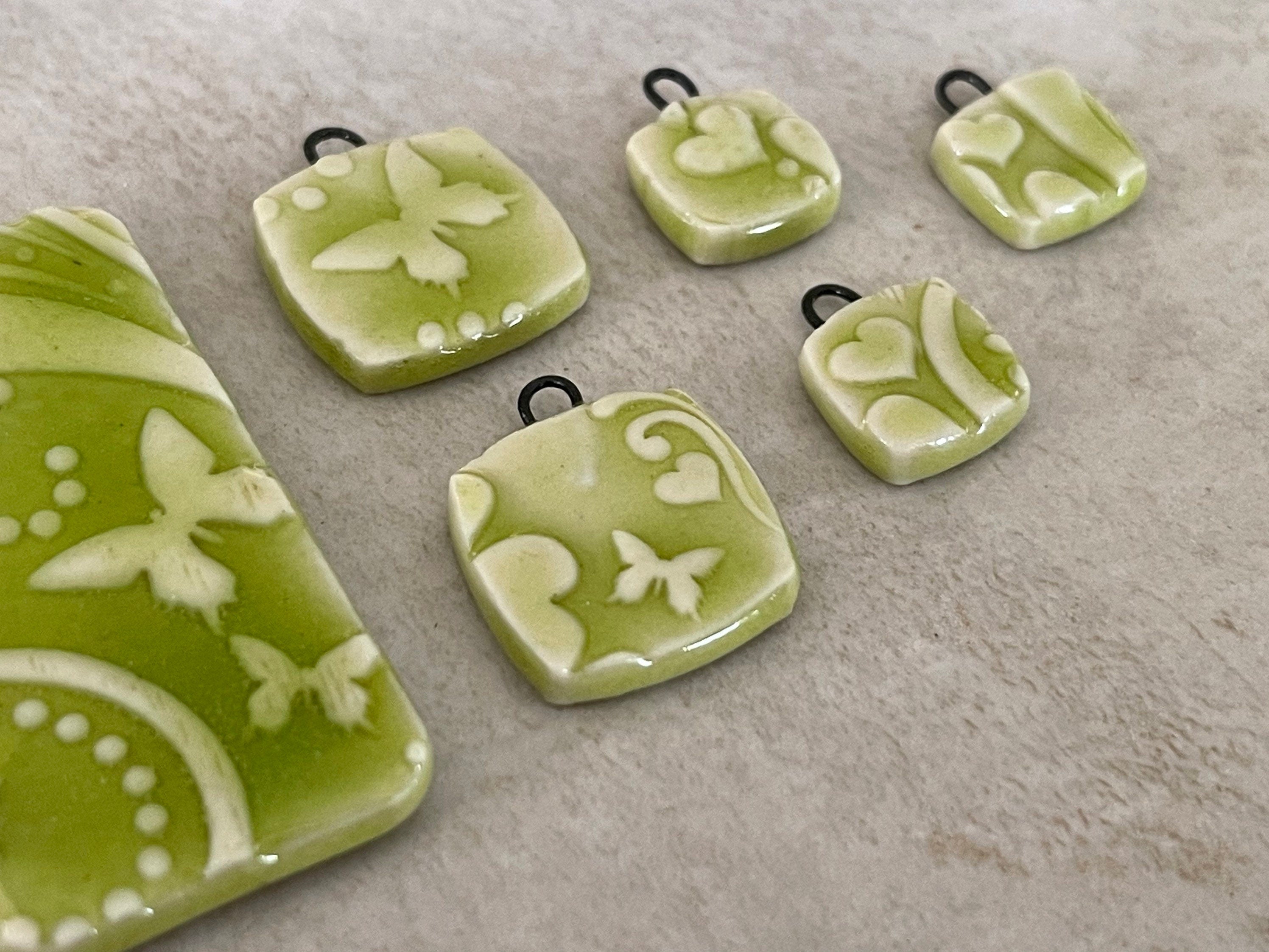 Chartreuse Bead Set, Porcelain Beads, Flower Bead Set, Ceramic Charms, Jewelry Making Components, DIY Earring Beads, Pendant