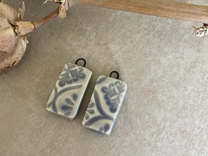 Italian Tile, Soft Blue Earring Beads, Porcelain Beads, Floral Earring Bead Pair, Ceramic Charms, Jewelry Making Components