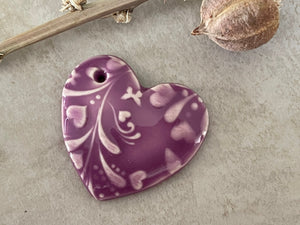 Hearts and Butterflies, Purple Heart Pendant, Porcelain Ceramic Pendant, Artisan Pendant, Jewelry Making Components