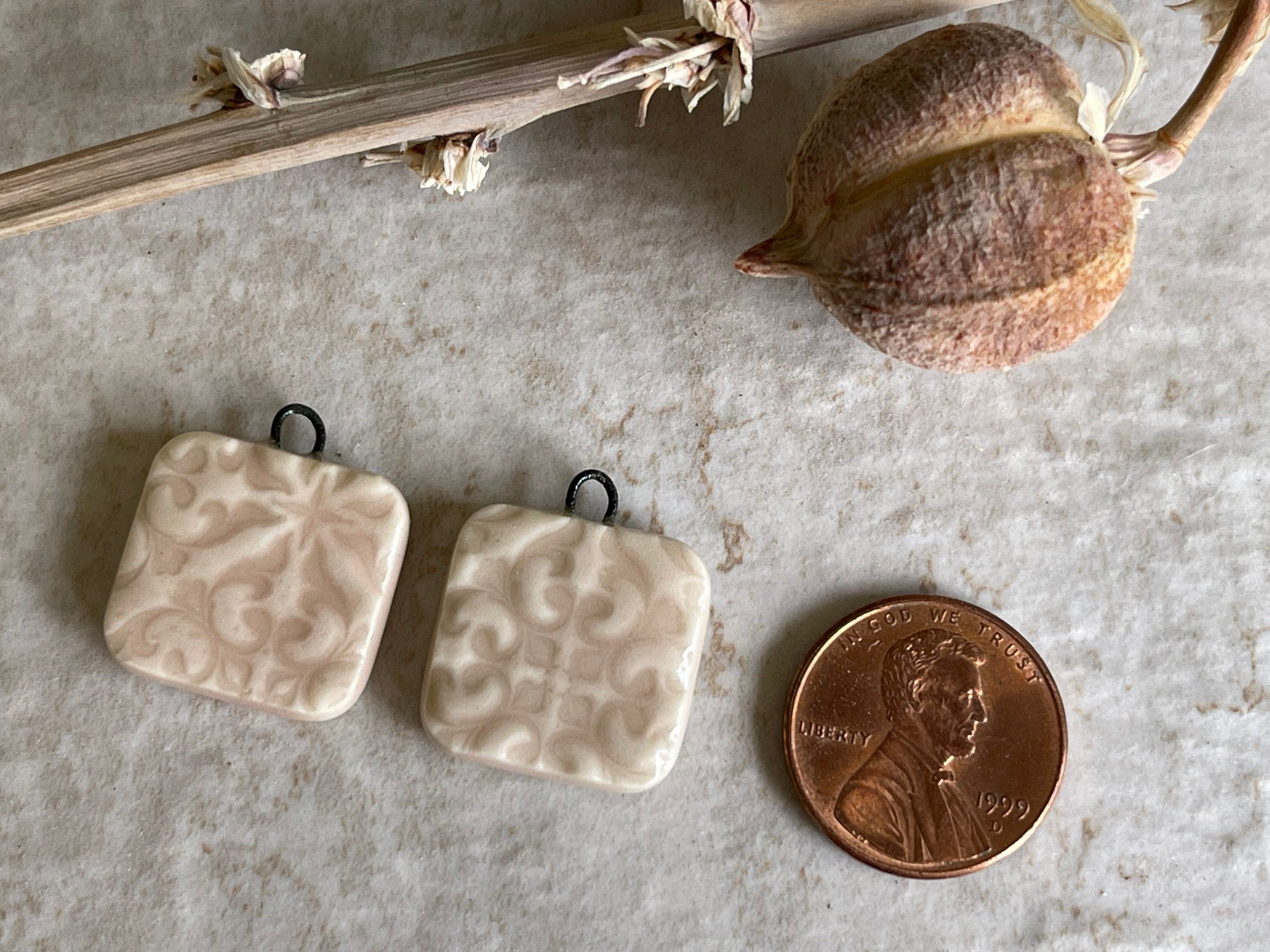 Tuscan Texture, Soft Pink Square, Earring Bead Pair, Porcelain Charms, Ceramic Charms, Jewelry Making Components, Beading Handmade