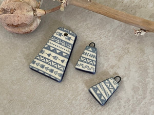 Rounded Triangle Pendant, Bead Set, Blue Geometric Earring Bead Pair, Porcelain Ceramic Charms, Jewelry Making Components, Beading Handmade