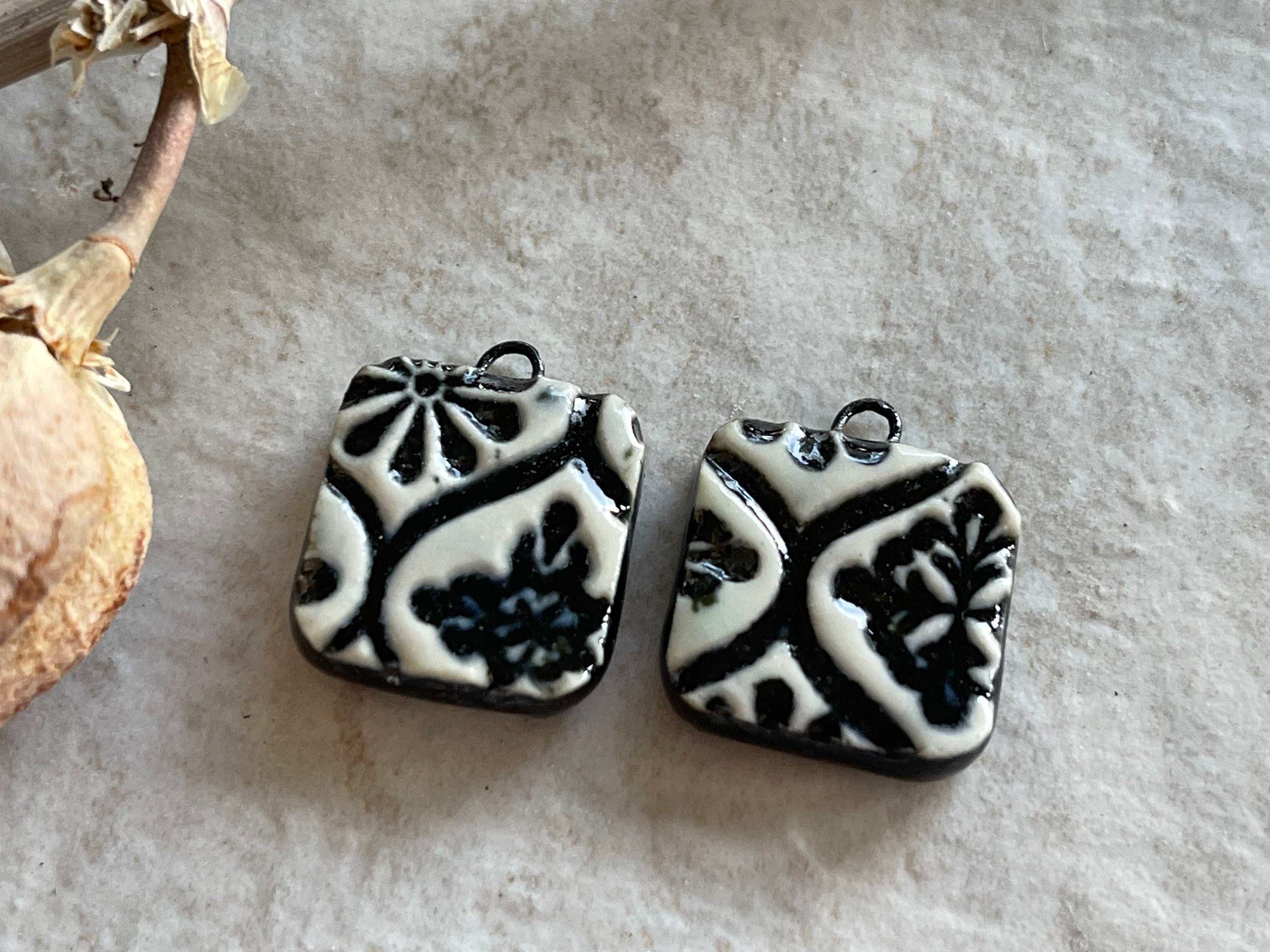 Black and White Italian Tile, Black Earring Bead Pair, Porcelain Ceramic Charms, Jewelry Making Components, Beading Handmade