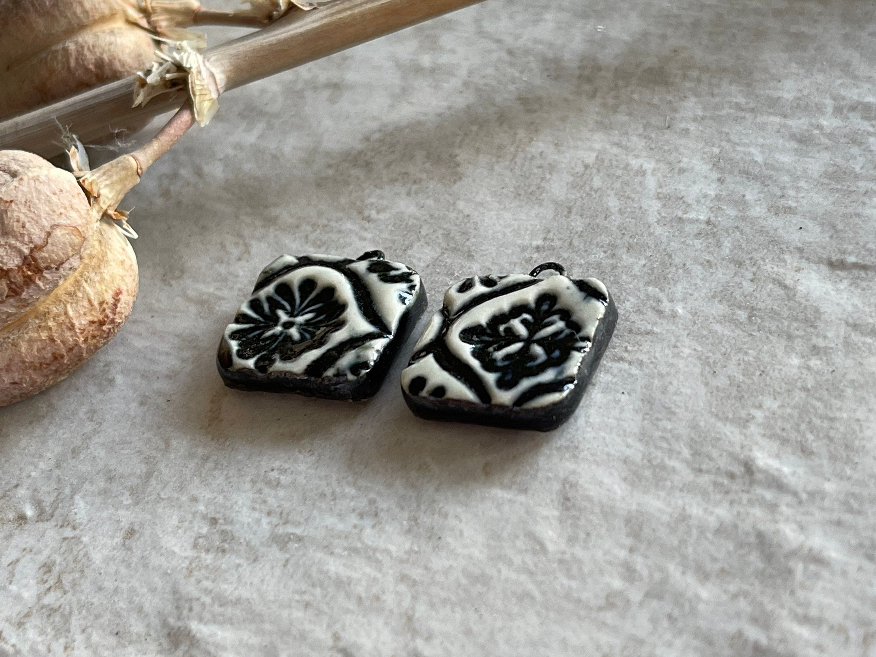 Black and White Italian Tile, Black Earring Bead Pair, Porcelain Ceramic Charms, Jewelry Making Components, Beading Handmade