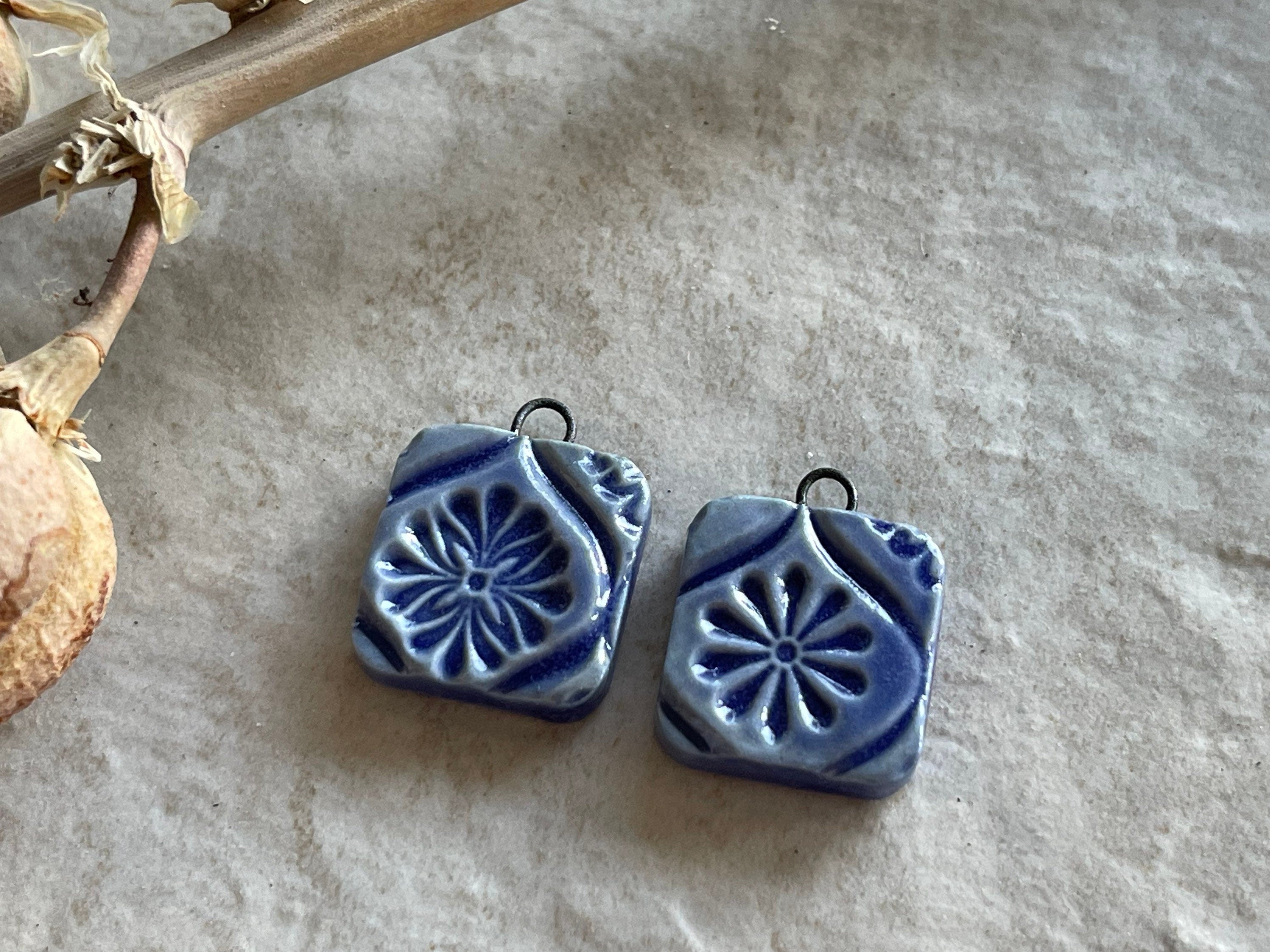Blue Earring Bead Pair, Porcelain Ceramic Charms, Jewelry Making Components, Beading Handmade