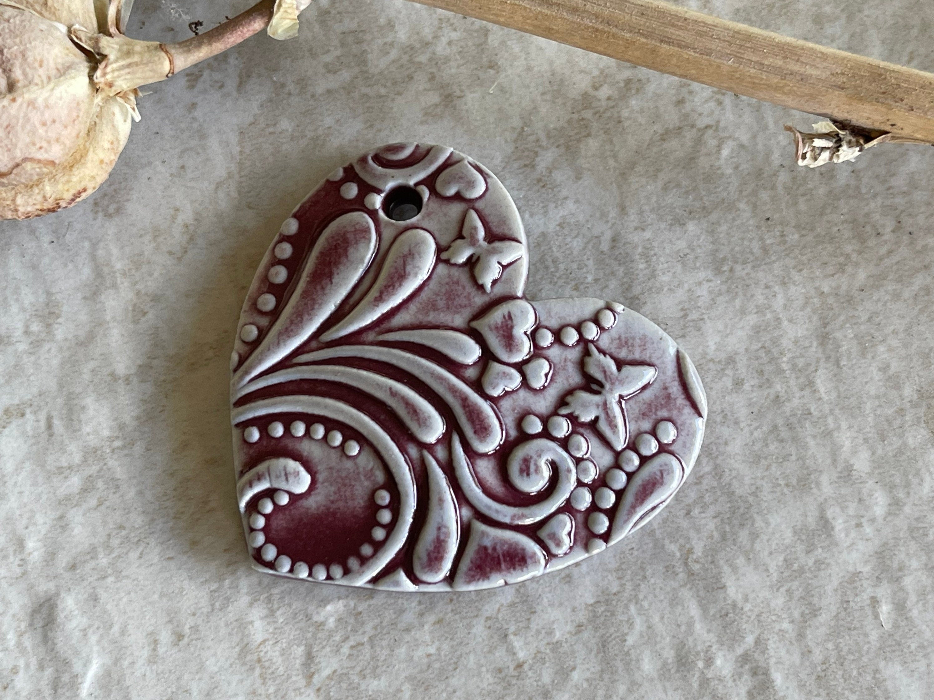 Hearts and Butterflies, Burgundy Heart Pendant, Porcelain Ceramic Pendant, Artisan Pendant, Jewelry Making Components