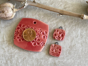 Red Floral Pendant and Charms, Pendant, Obtuse Square, Porcelain Ceramic Pendant, Artisan Pendant, Jewelry Making Components