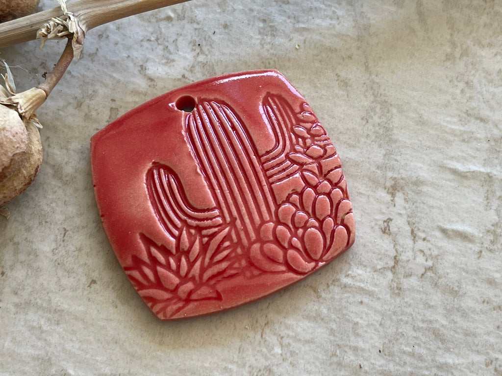 Cactus Pendant, Red Pendant, Saguaro Cactus Pendant, Porcelain Ceramic Pendant, Jewelry Making Components