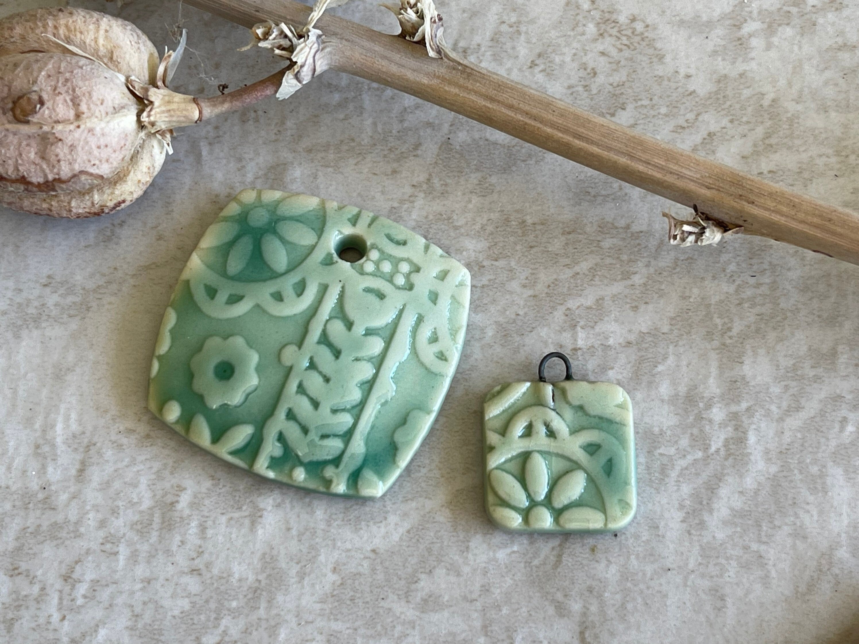 Abstract Pendant, Turquoise Pendant, Folk Art, Porcelain Ceramic Pendant, Jewelry Making Components