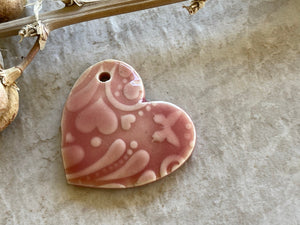 Hearts and Butterflies, Pink Heart Pendant, Porcelain Ceramic Pendant, Artisan Pendant, Jewelry Making Components