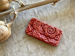 Red Folk Art Pendant Bead, Porcelain Beads, Ceramic Charms, Jewelry Making Components, DIY Necklace Beads, Pendant