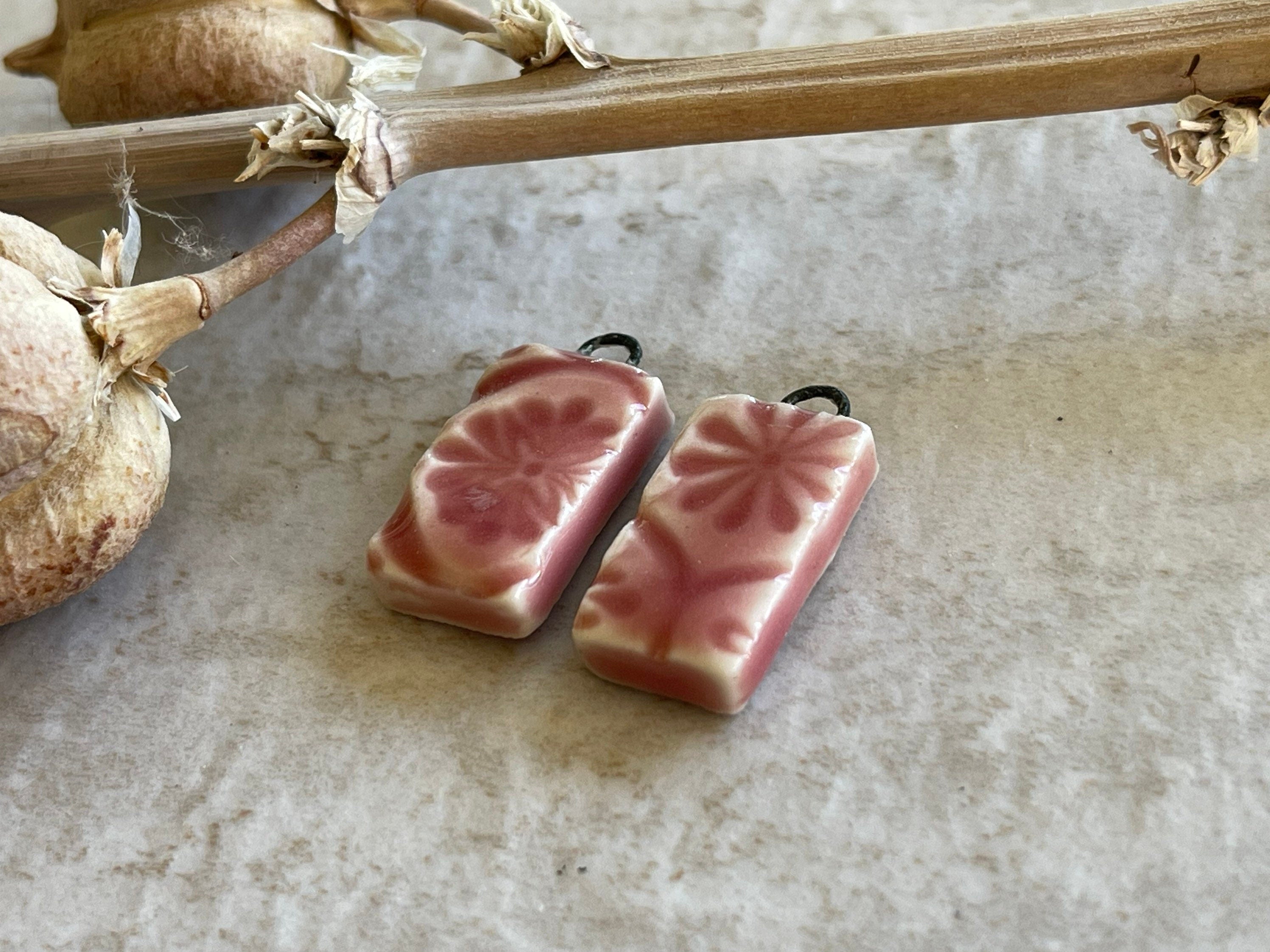 Pink rectangle, Earring Bead Pair, Porcelain Charms, Ceramic Charms, Jewelry Making Components, Beading Handmade, DIY Earrings, DIY Beads