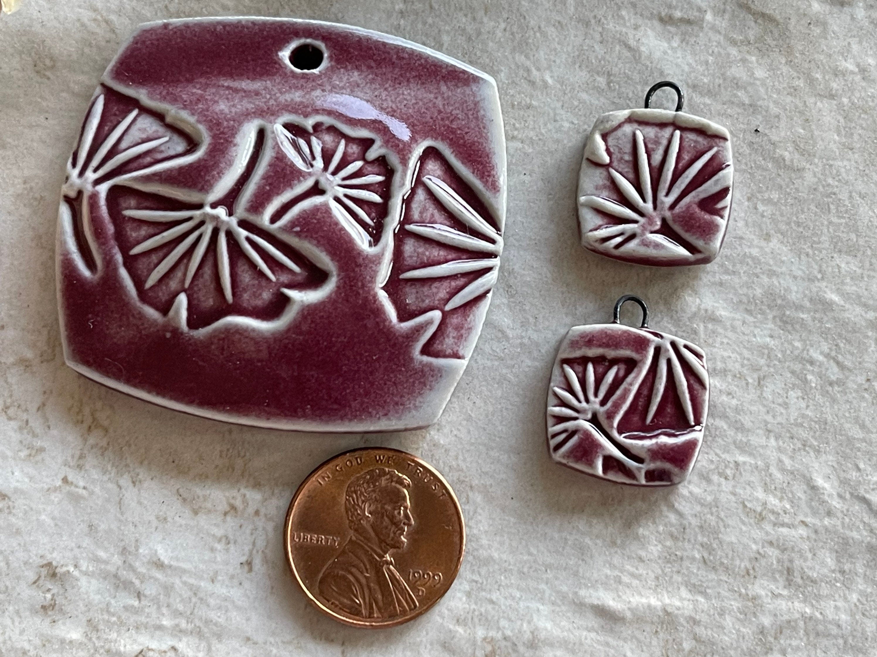 Burgundy Ginkgo Pendant and Charms, Pendant, Obtuse Square, Porcelain Ceramic Pendant, Artisan Pendant, Jewelry Making Components