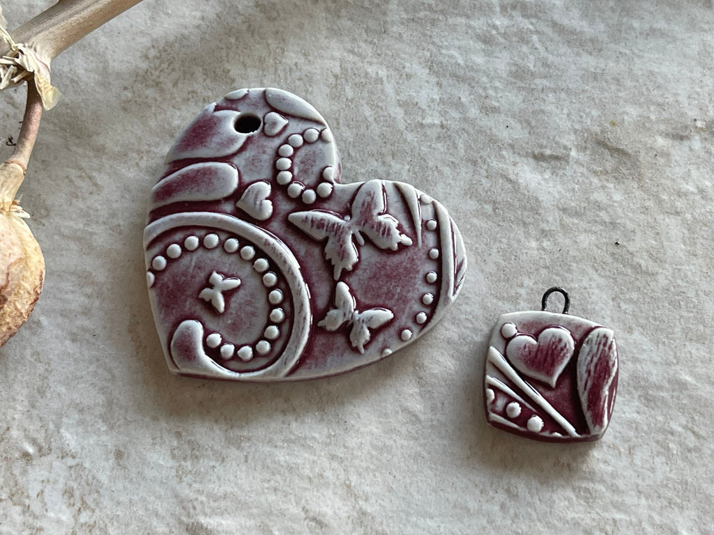 Hearts and Butterflies, Burgundy Heart Pendant and Charm, Porcelain Ceramic Pendant, Artisan Pendant, Jewelry Making Components