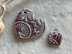 Hearts and Butterflies, Burgundy Heart Pendant and Charm, Porcelain Ceramic Pendant, Artisan Pendant, Jewelry Making Components