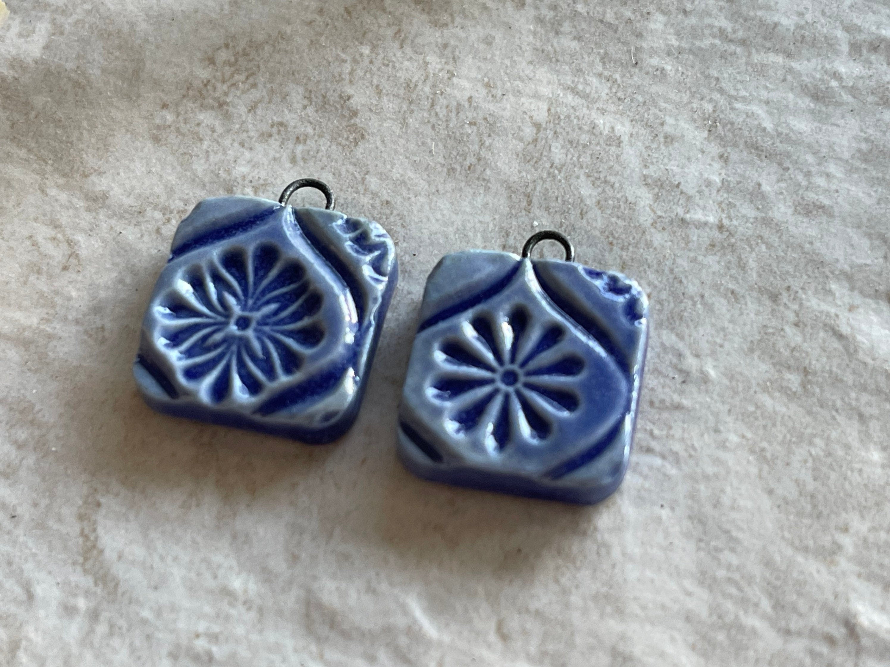 Blue Earring Bead Pair, Porcelain Ceramic Charms, Jewelry Making Components, Beading Handmade