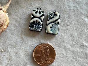 Italian Tile, Black and White Earring Beads, Porcelain Beads, Floral Earring Bead Pair, Ceramic Charms, Jewelry Making Components