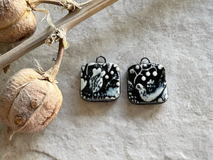 Black and White Bird, Black Earring Bead Pair, Porcelain Ceramic Charms, Jewelry Making Components, Beading Handmade