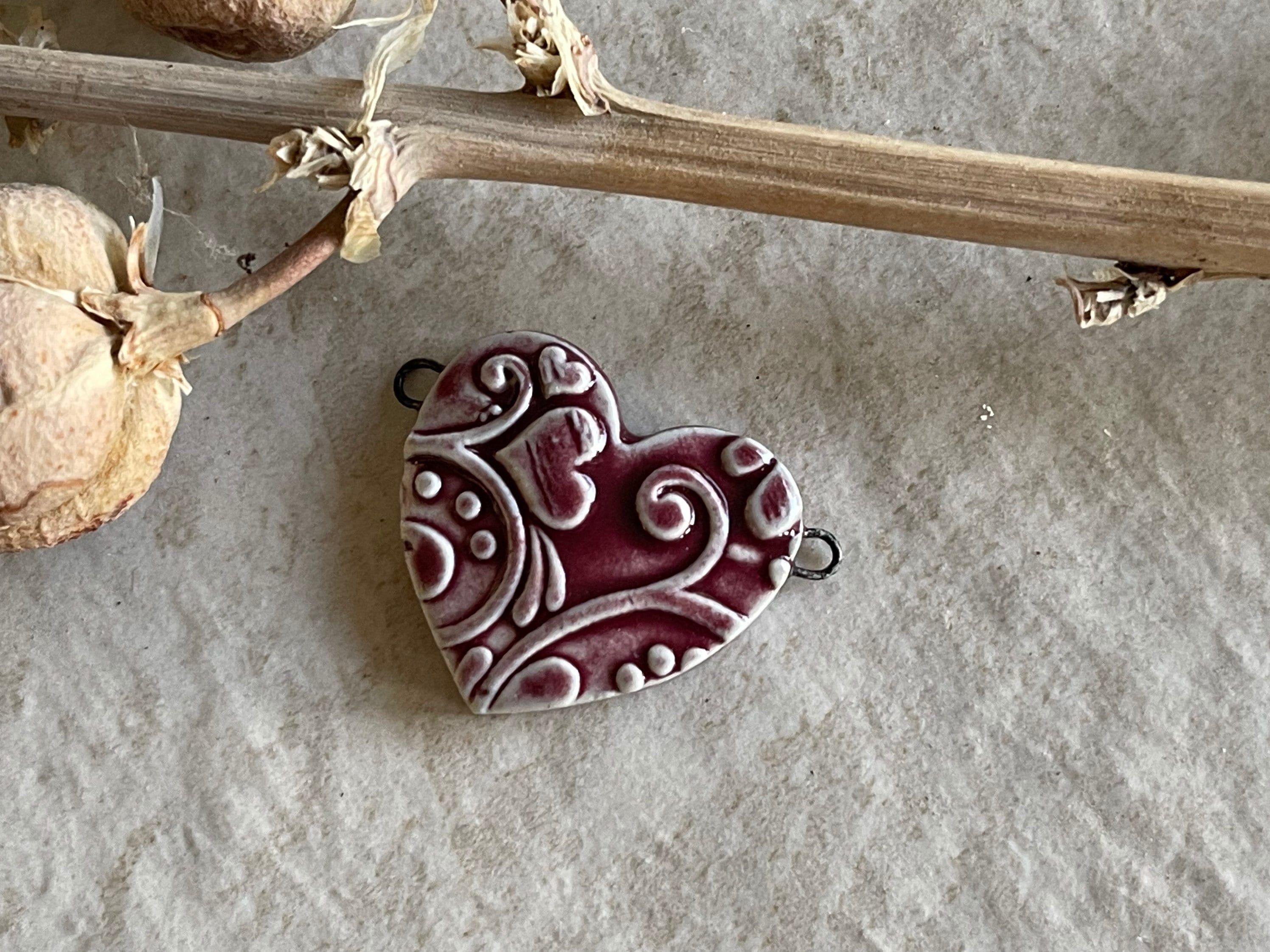Burgundy Heart, Hearts and Butterflies, Double Wire Heart Pendant, Porcelain Ceramic Pendant, Artisan Pendant, Jewelry Making Components