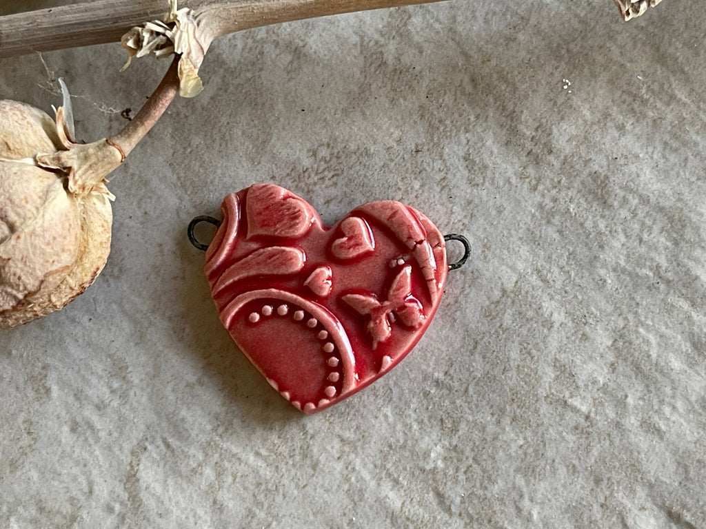 Red Heart, Hearts and Butterflies, Double Wire Heart Pendant, Porcelain Ceramic Pendant, Artisan Pendant, Jewelry Making Components