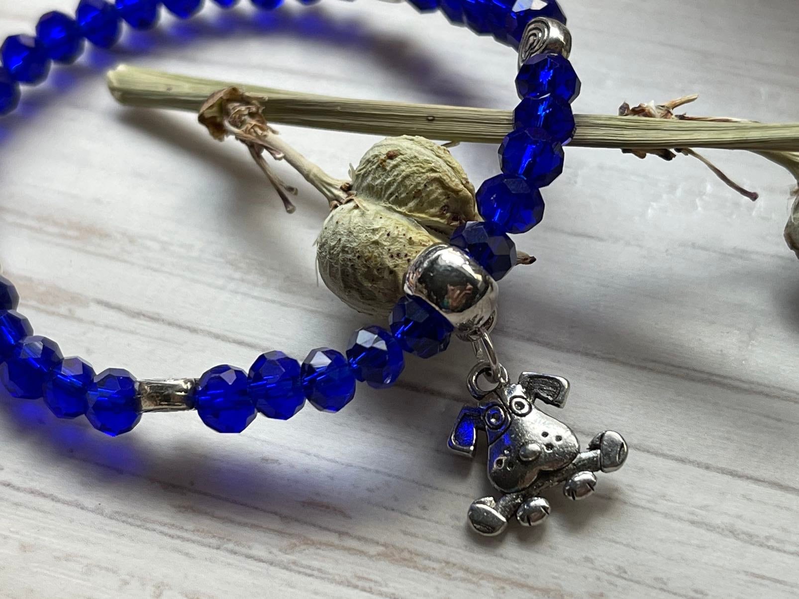 Royal Blue Dog Bracelet, Blue Stretch Bracelet, Cute Dog Charm, Dog and Bone Bracelet, Stocking Stuffer