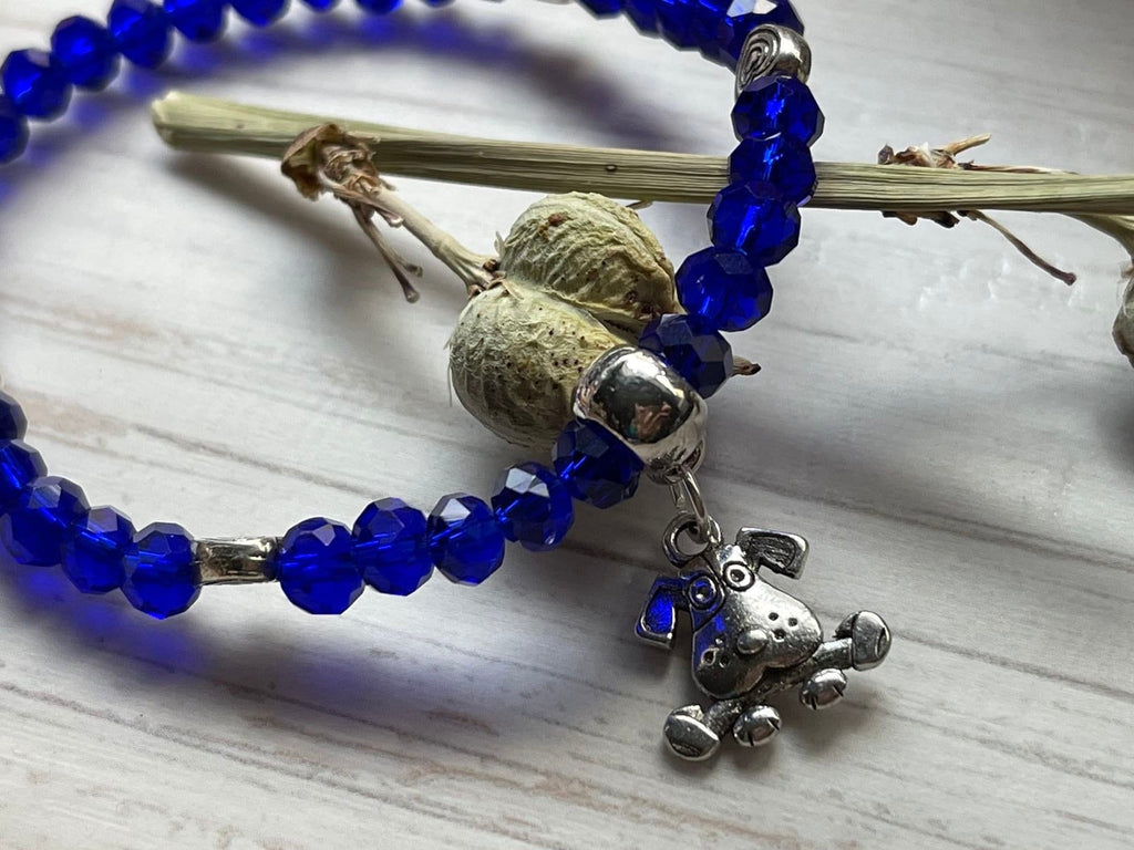 Royal Blue Dog Bracelet, Blue Stretch Bracelet, Cute Dog Charm, Dog and Bone Bracelet, Stocking Stuffer