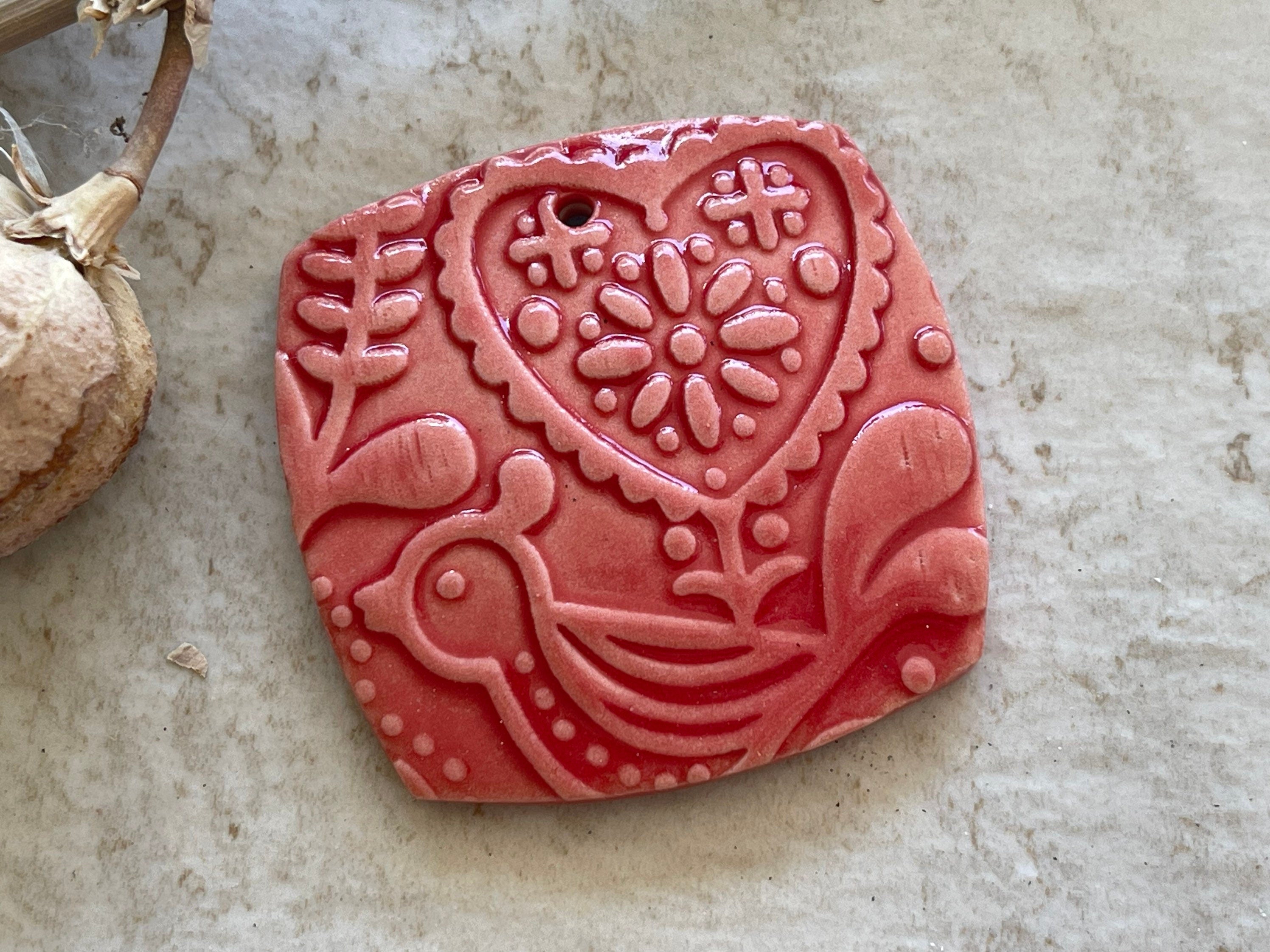 Scandinavian Bird Pendant, Red Pendant, Folk Art, Porcelain Ceramic Pendant, Jewelry Making Components
