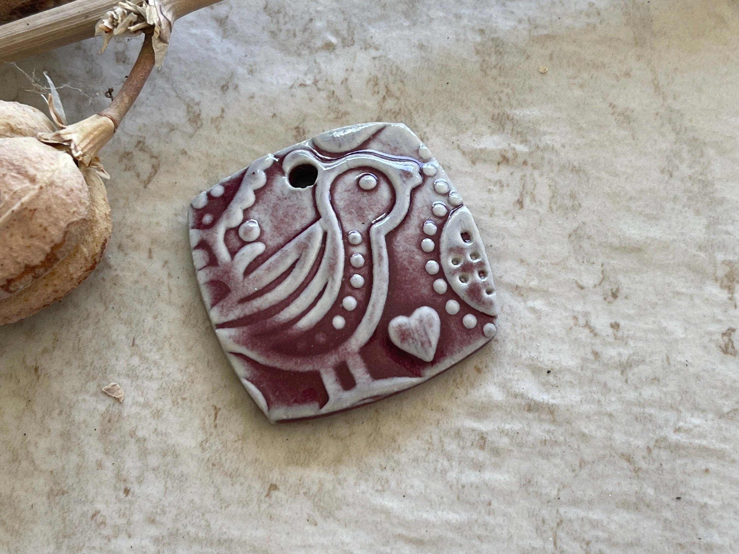 Scandinavian Bird Pendant, Burgundy Pendant, Folk Art, Porcelain Ceramic Pendant, Jewelry Making Components