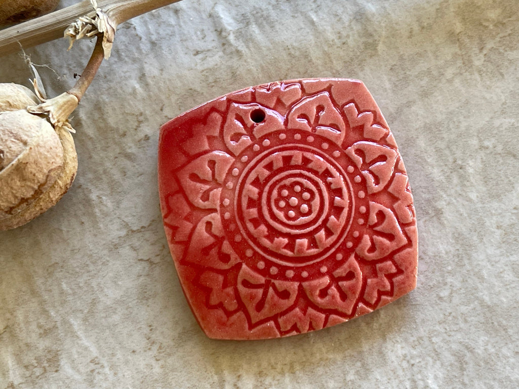 Mandala Pendant, Red Pendant, Folk Art, Porcelain Ceramic Pendant, Jewelry Making Components