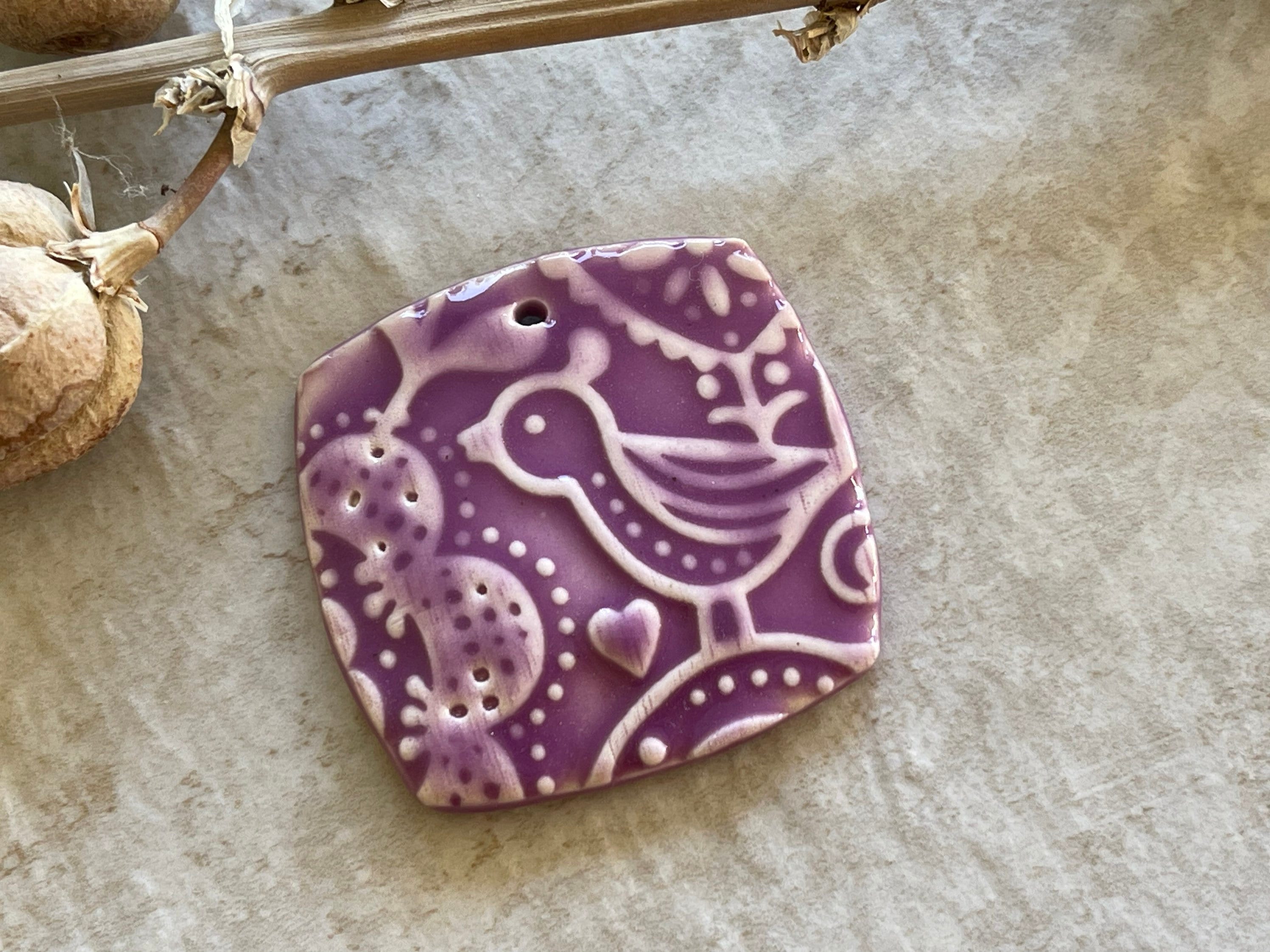 Scandinavian Bird Pendant, Purple Pendant, Folk Art, Porcelain Ceramic Pendant, Jewelry Making Components