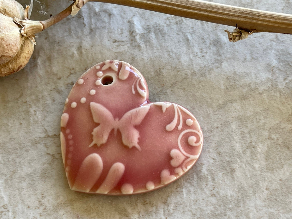 Hearts and Butterflies, Pink Heart Pendant, Porcelain Ceramic Pendant, Artisan Pendant, Jewelry Making Components