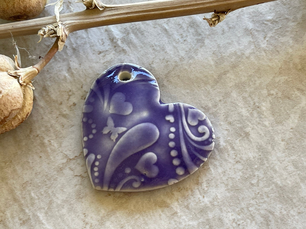 Hearts and Butterflies, Purple Heart Pendant, Porcelain Ceramic Pendant, Artisan Pendant, Jewelry Making Components