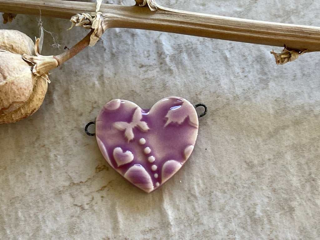 Violet Heart, Hearts and Butterflies, Double Wire Heart Pendant, Porcelain Ceramic Pendant, Artisan Pendant, Jewelry Making Components