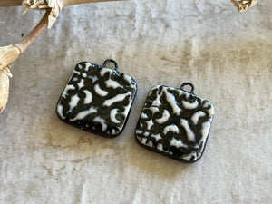 Black and White Tuscan, Black Earring Bead Pair, Porcelain Ceramic Charms, Jewelry Making Components, Beading Handmade