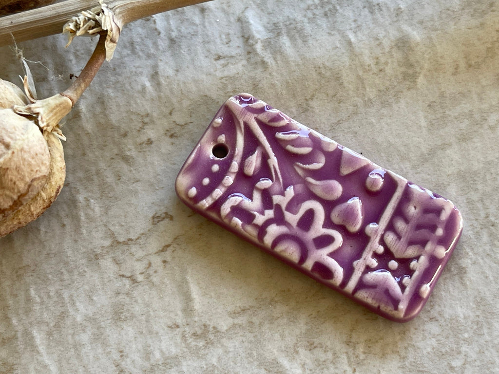 Violet Folk Art Pendant Bead, Porcelain Beads, Ceramic Charms, Jewelry Making Components, DIY Necklace Beads, Pendant